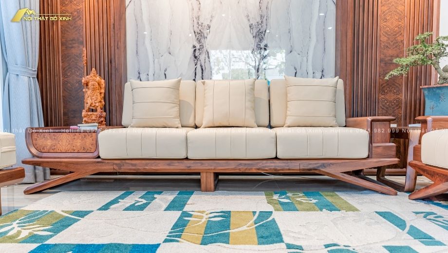 Sofa gỗ óc chó Vela II SFOC 14 - đệm da đẹp