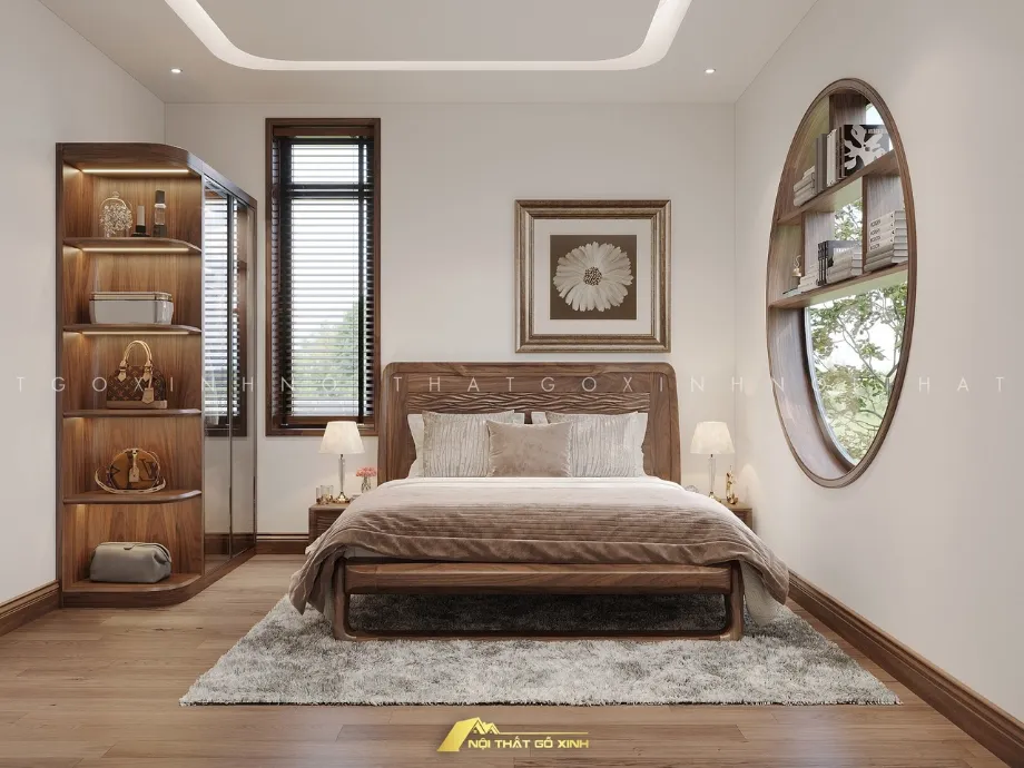 Nội thất phòng ngủ gỗ óc chó diện tích nhỏ cảnh 1