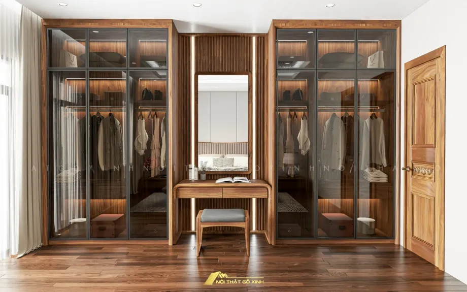 Tủ quần áo gỗ óc chó phòng ngủ diện tích lớn