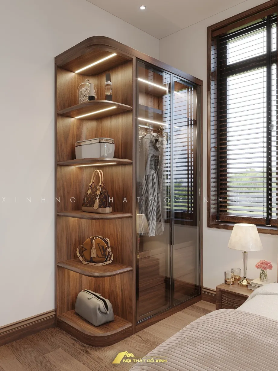 tủ quần áo kết hợp trưng bày phòng ngủ diện tích khiêm tốn
