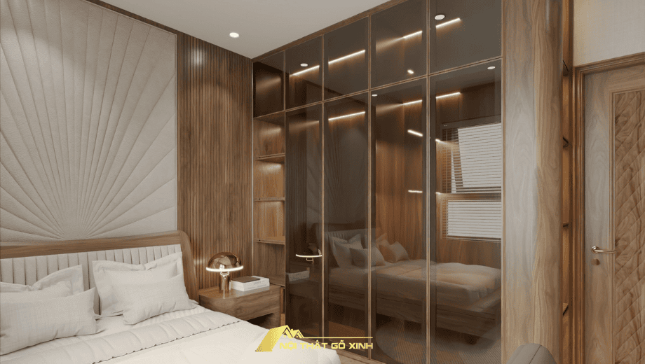 Tủ quần áo gỗ óc chó cửa kính xu hướng nội thất 2025
