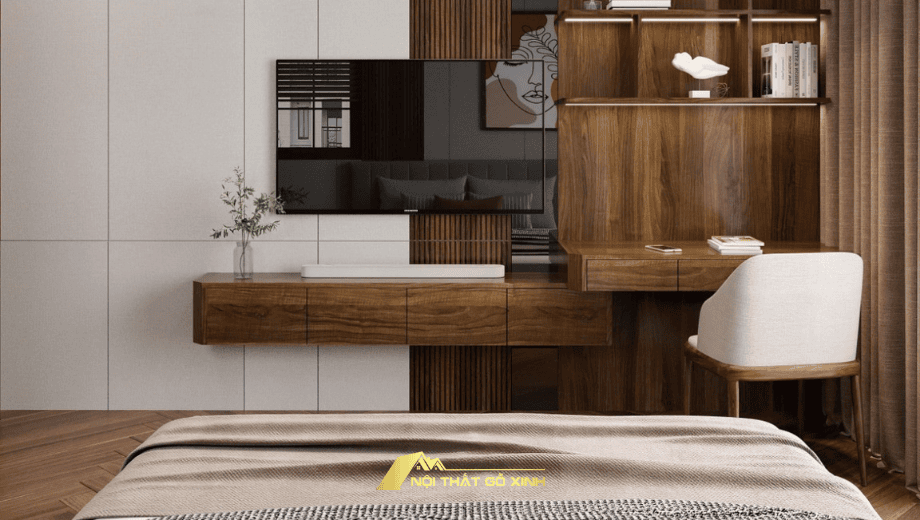 Các ý tưởng trang trí kệ tivi treo tường bằng nội thất gỗ óc chó