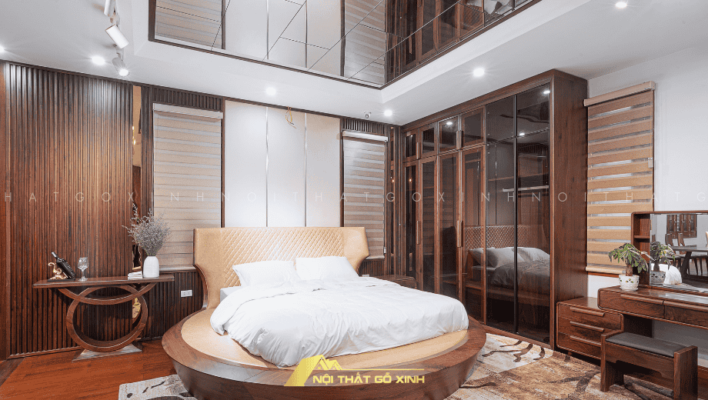 Tủ quần áo gỗ óc chó cửa kính xu hướng nội thất 2025