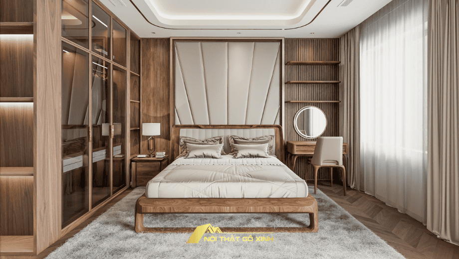 Tủ quần áo gỗ óc chó cửa kính xu hướng nội thất 2025