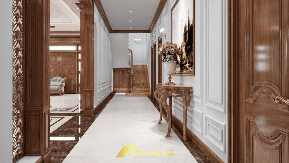 Bàn console gỗ óc chó trong thi công nội thất phòng khách