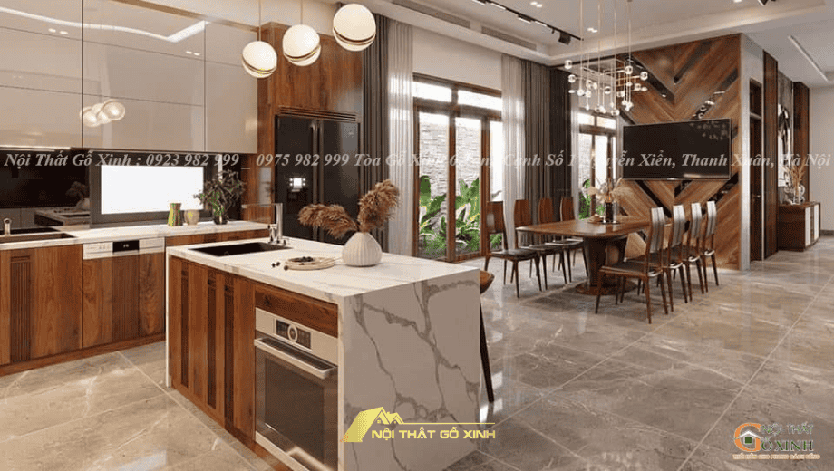 Dịch vụ thi công phòng bếp gỗ óc chó trọn gói tại Gỗ Xinh
