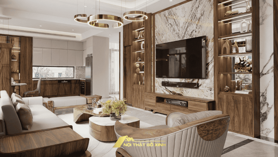 Các ý tưởng trang trí kệ tivi treo tường bằng nội thất gỗ óc chó