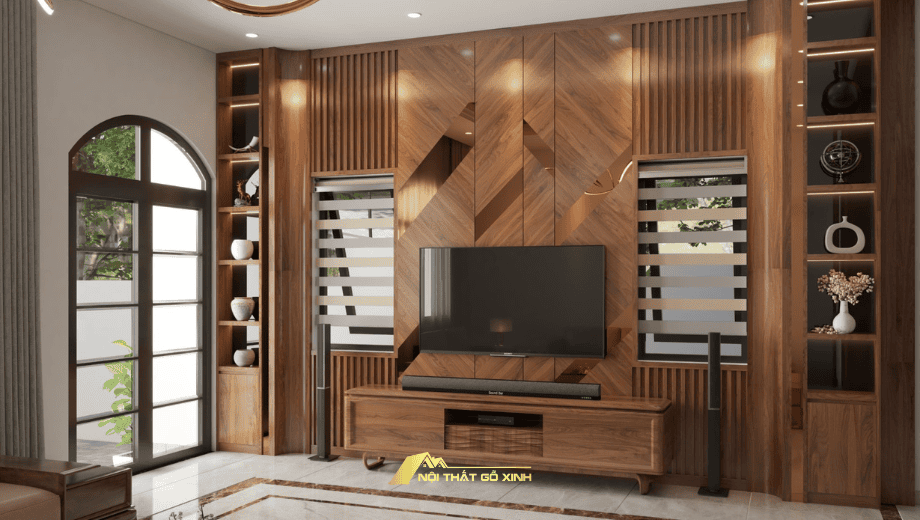 Chiều cao treo tivi hợp lý cho phòng khách và phòng ngủ gỗ óc chó