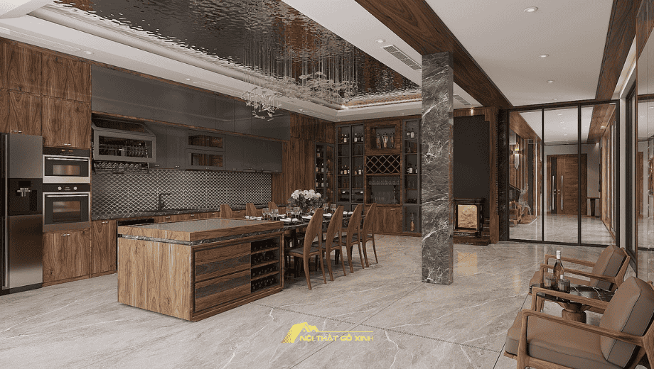 Thi công nội thất phòng bếp gỗ óc chó