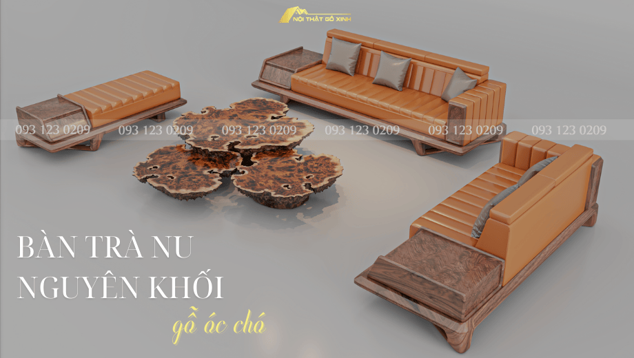 Bàn trà gỗ óc chó nguyên khối tôn lên vẻ đẹp biệt thự