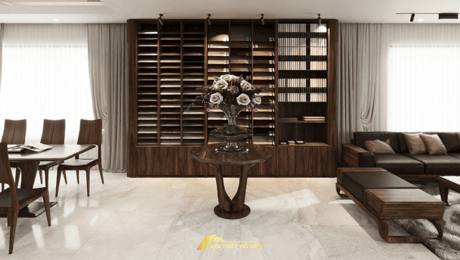 Bàn console gỗ óc chó làm đẹp không gian phòng khách