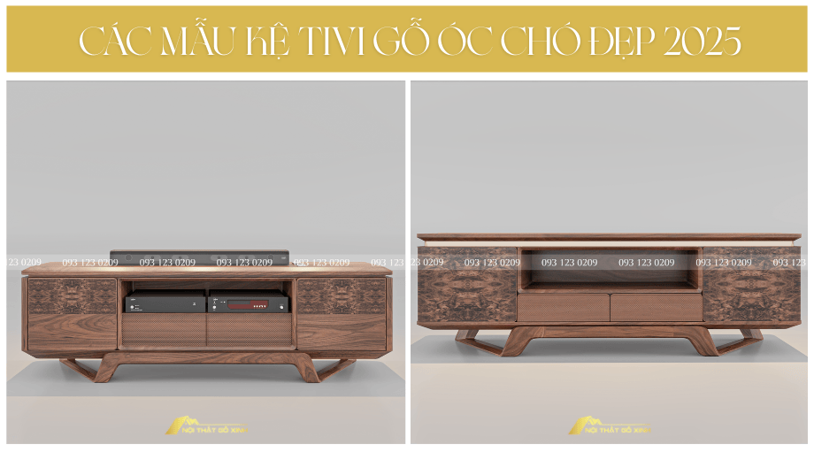 Kệ tivi gỗ óc chó tăng tính thẩm mỹ cho biệt thự hiện đại