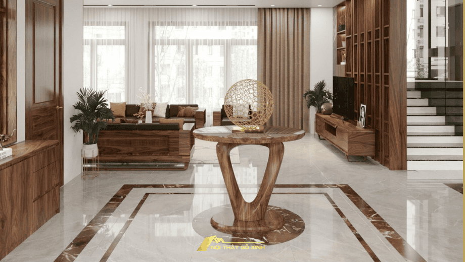 Bàn console gỗ óc chó làm đẹp không gian phòng khách