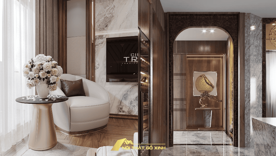 Bàn console gỗ óc chó làm đẹp không gian phòng khách