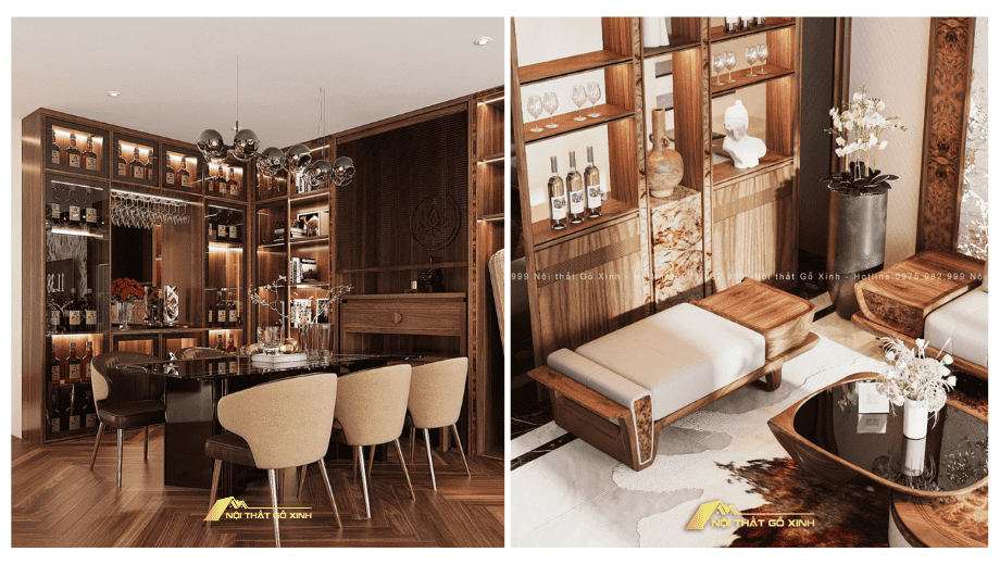 Quầy bar chữ L tích hợp tủ rượu