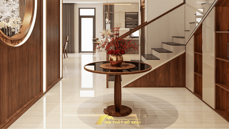 Bàn console gỗ óc chó làm đẹp không gian phòng khách