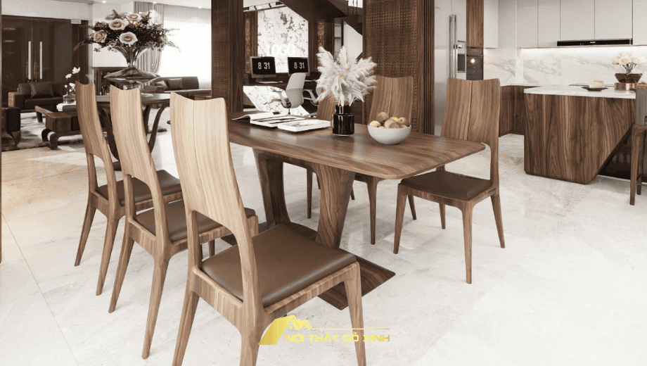 Bộ bàn ăn gỗ óc chó 6 ghế thường được thiết kế theo nhiều hình dáng khác nhau