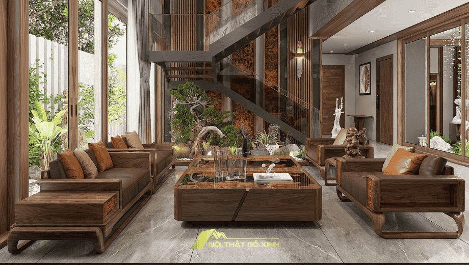 Bộ sofa gỗ óc chó cho biệt thự kính cao cấp