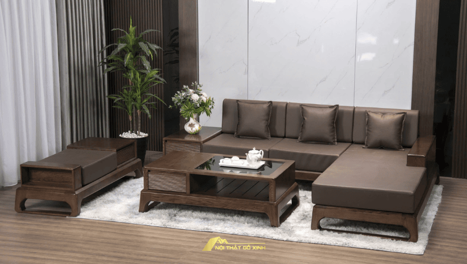 Sofa gỗ óc chó chữ L hiện đại
