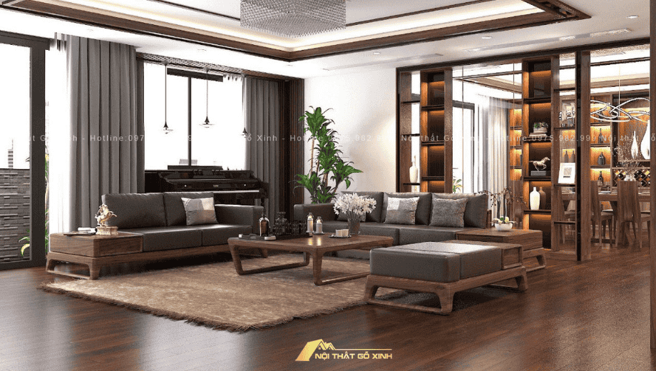 Bộ sofa gỗ óc chó phối da cao cấp