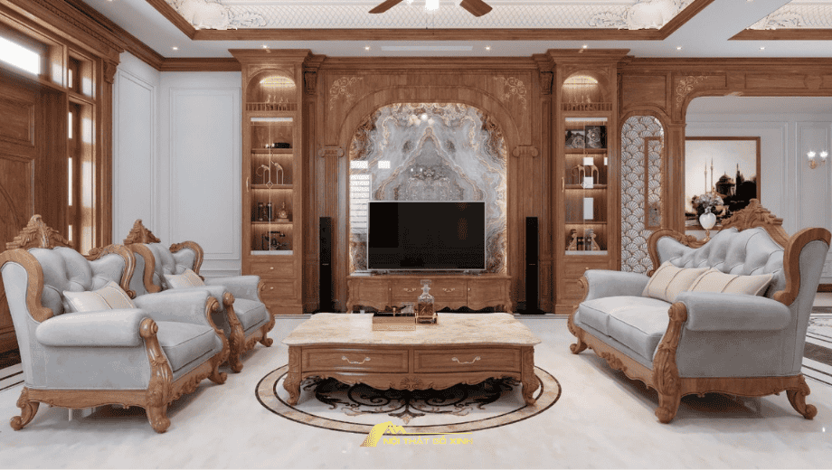 Sofa gỗ óc chó thiết kế tân cổ điển