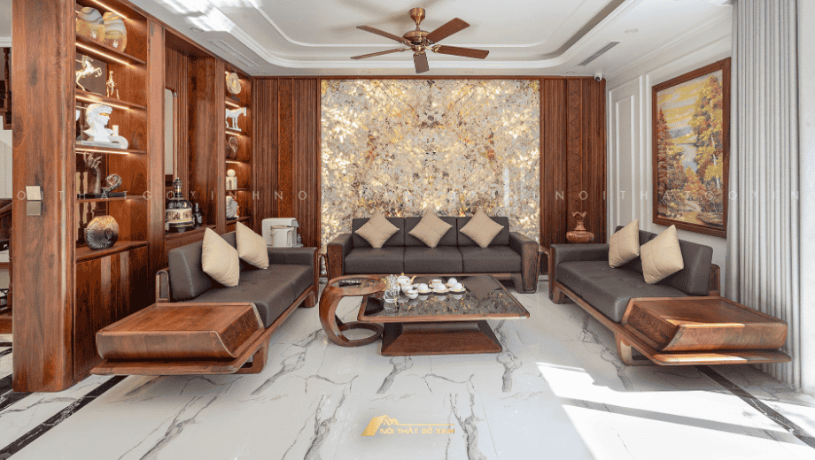 Mẫu thiết kế phòng khách gỗ óc chó kết hợp sofa chữ L