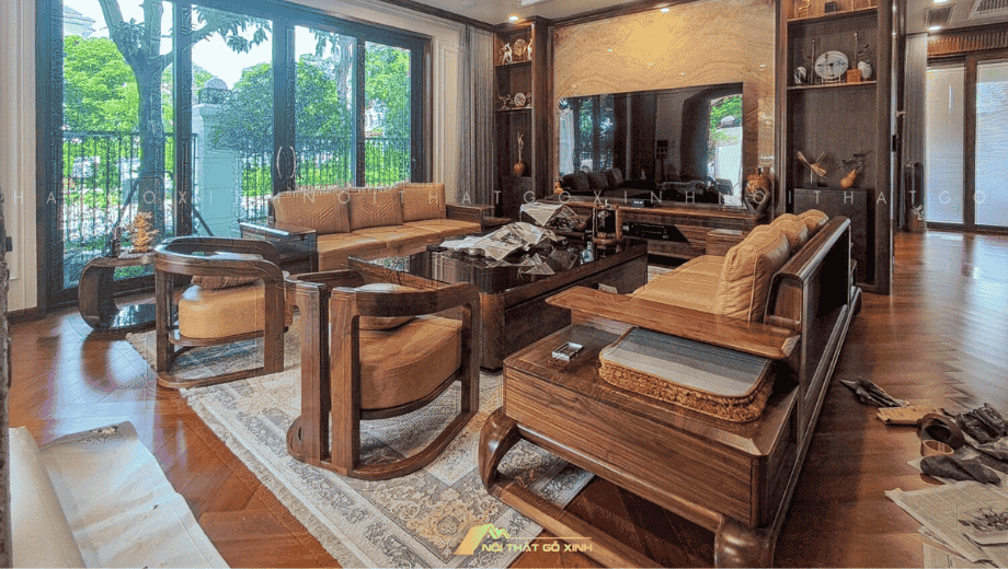 Sofa gỗ óc chó Bắc Mỹ kết hợp bàn trà