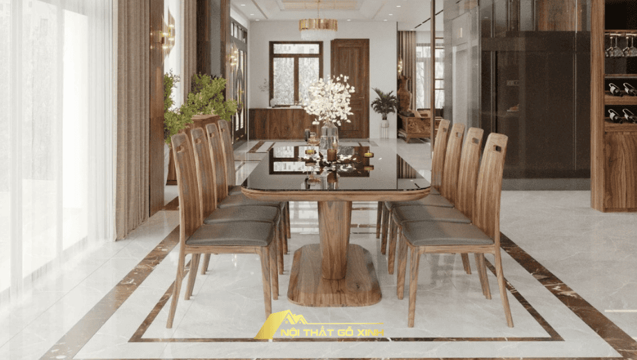 bộ bàn ghế gỗ óc chó 8 ghế phong cách hiện đại