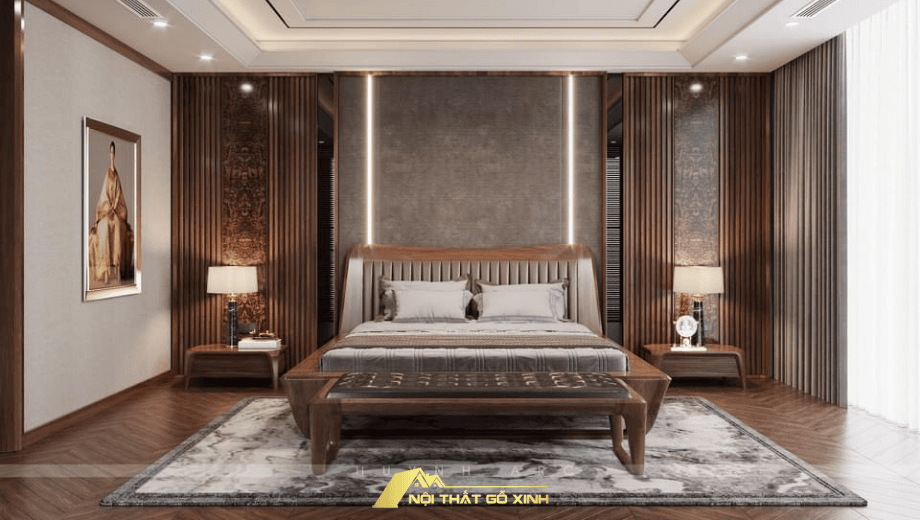 Giường Ngủ Gỗ Óc Chó Với Đầu Giường Cao