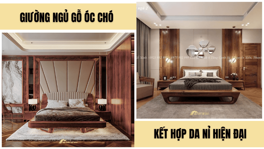 Giường gỗ óc chó hiện đại kết hợp da nỉ