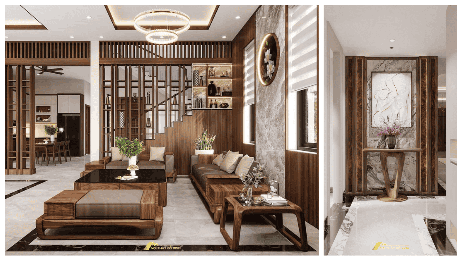 Phòng khách: sử dụng sofa vải sáng màu và kệ âm tường