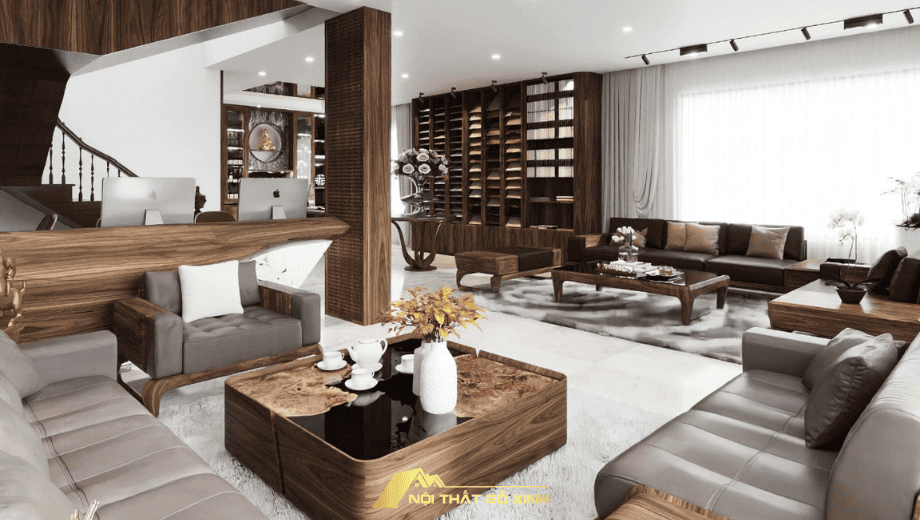 Phòng Khách Với Sofa Gỗ Óc Chó và Đệm Da Cao Cấp