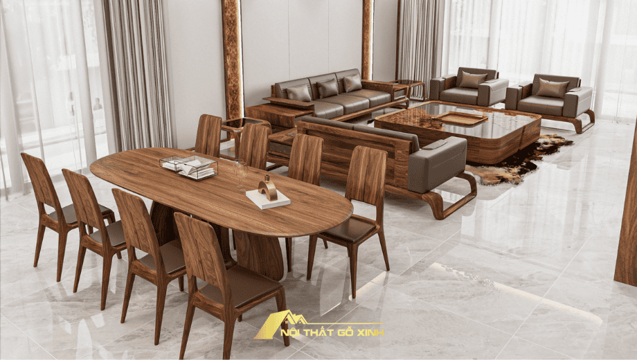 Bộ bàn ăn gỗ óc chó 8 ghế