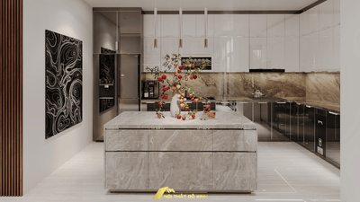 Bàn đảo gỗ óc chó đá marble xu hướng mới trong thiết kế bếp
