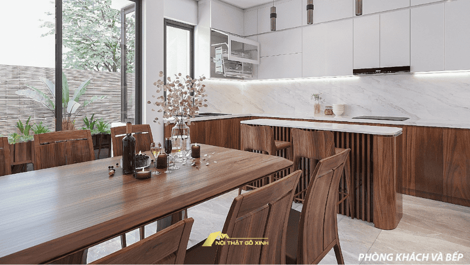 Bàn đảo gỗ óc chó kết hợp bàn ăn