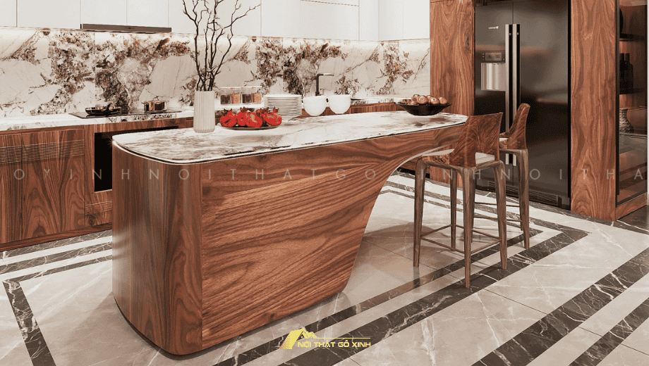 Bàn đảo gỗ óc chó với mặt đá tự nhiên