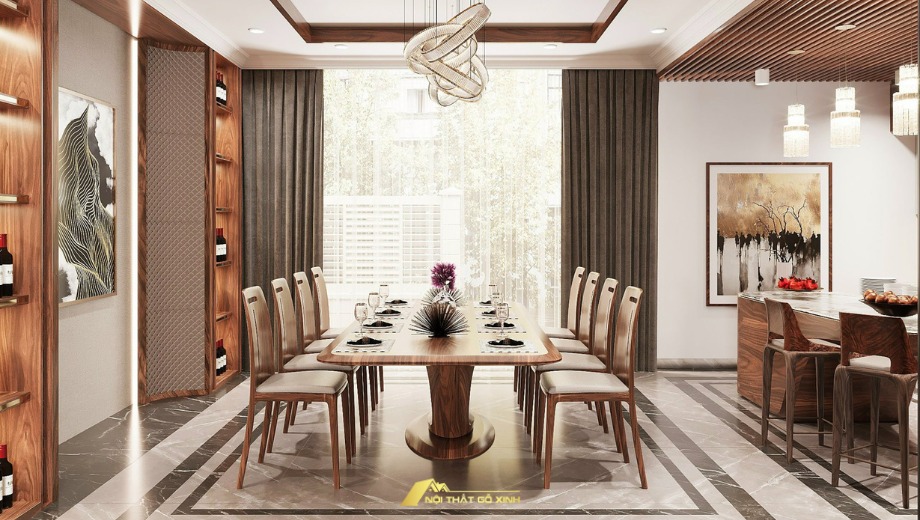 Bộ bàn ghế ăn gỗ óc chó 8 ghế
