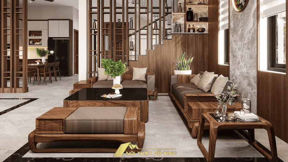 Bố trí nội thất gỗ óc chó cho phòng khách hiện đại