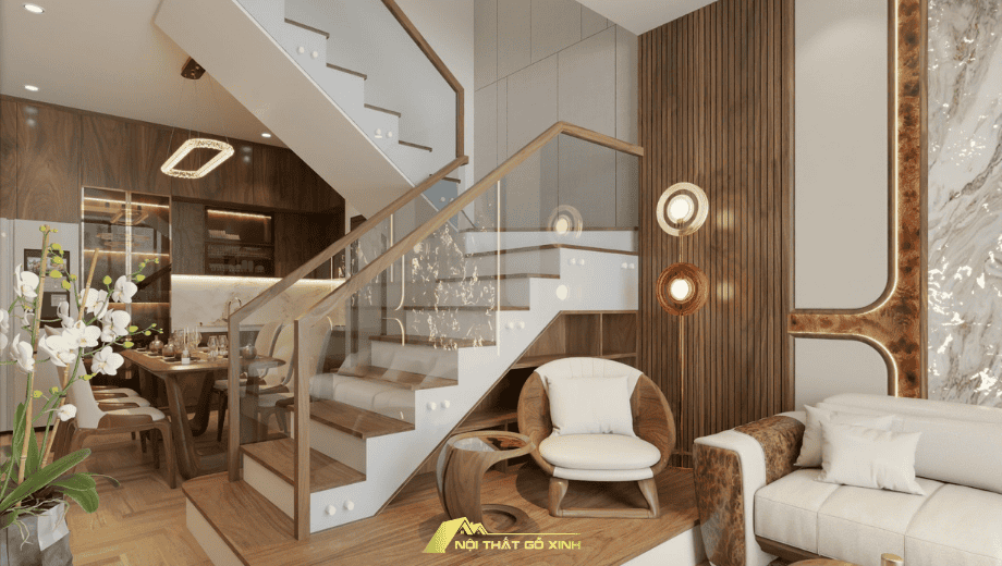 Cầu thang gỗ óc chó – Điểm nhấn đẳng cấp biệt thự