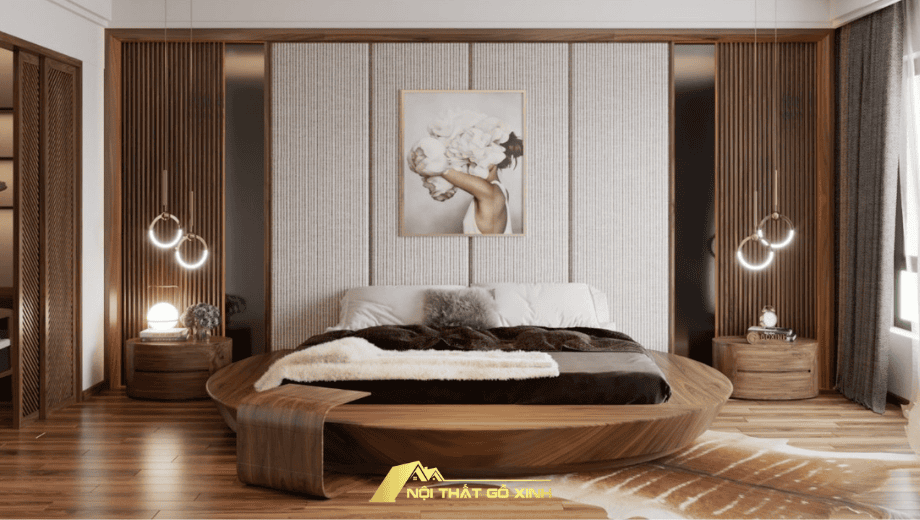 Giường ngủ gỗ óc chó dáng tròn