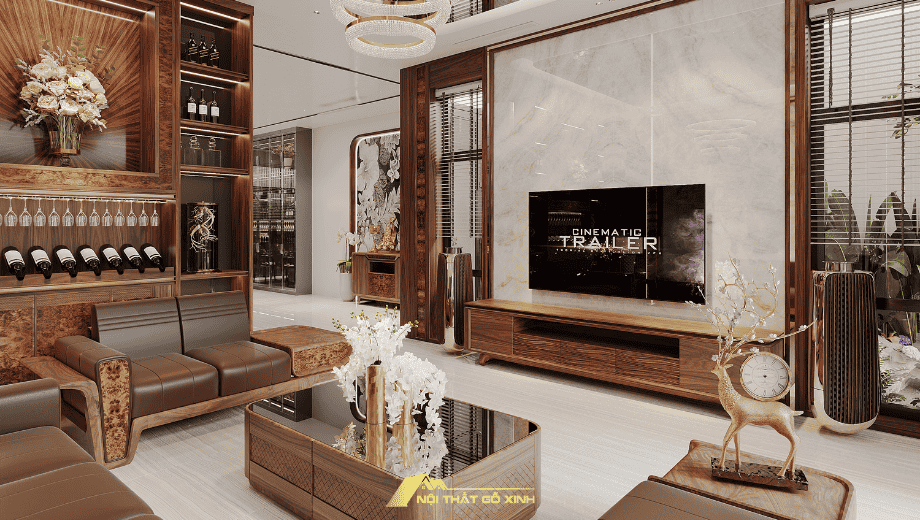 Nội thất phòng khách gỗ óc chó