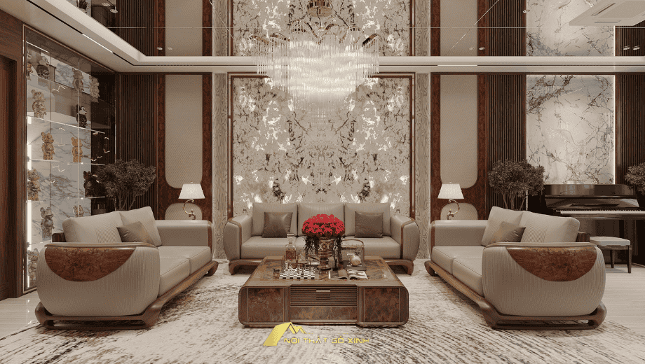 Sofa chữ I gỗ óc chó trong nội thất phòng khách
