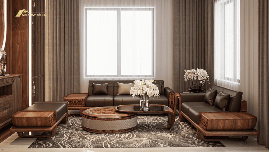 Sofa gỗ óc chó bọc da