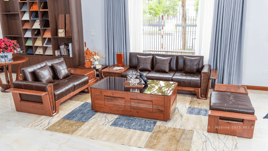 Sofa Gỗ Óc Chó Chữ U Cho Phòng Khách Nhà Phố Lớn