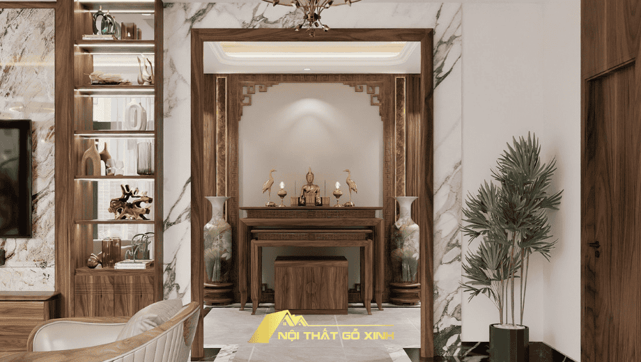 Thiết Kế Phòng Thờ Gỗ Óc Chó Kết Hợp Với Không Gian Sống
