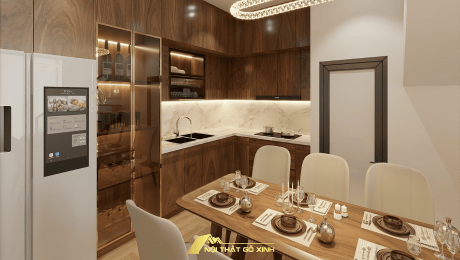 Tủ bếp gỗ óc chó chữ L hiện đại