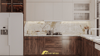 Tủ bếp gỗ óc chó kết hợp đá granite có thực sự bền chắc