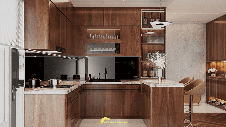 Tủ bếp gỗ óc chó kết hợp quầy bar