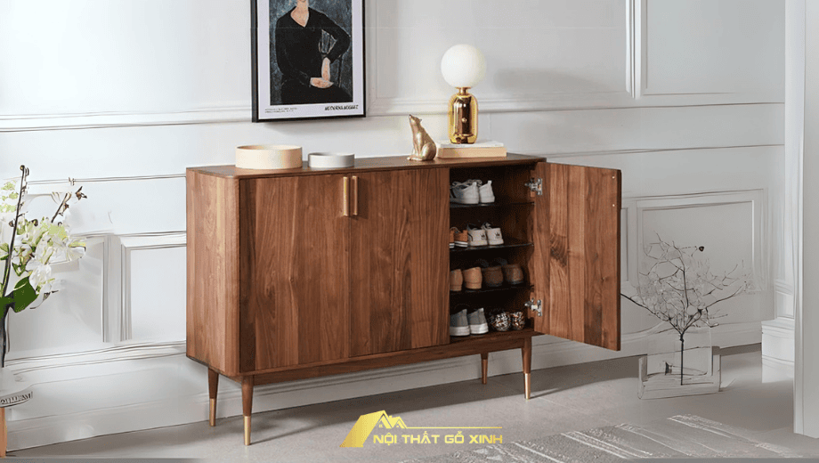 Tủ Giày Gỗ Óc Chó Kết Hợp Kệ Trang Trí