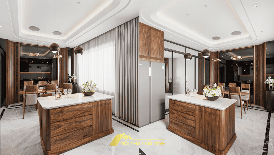 Xu hướng bàn đảo gỗ óc chó đá marble trong thiết kế bếp